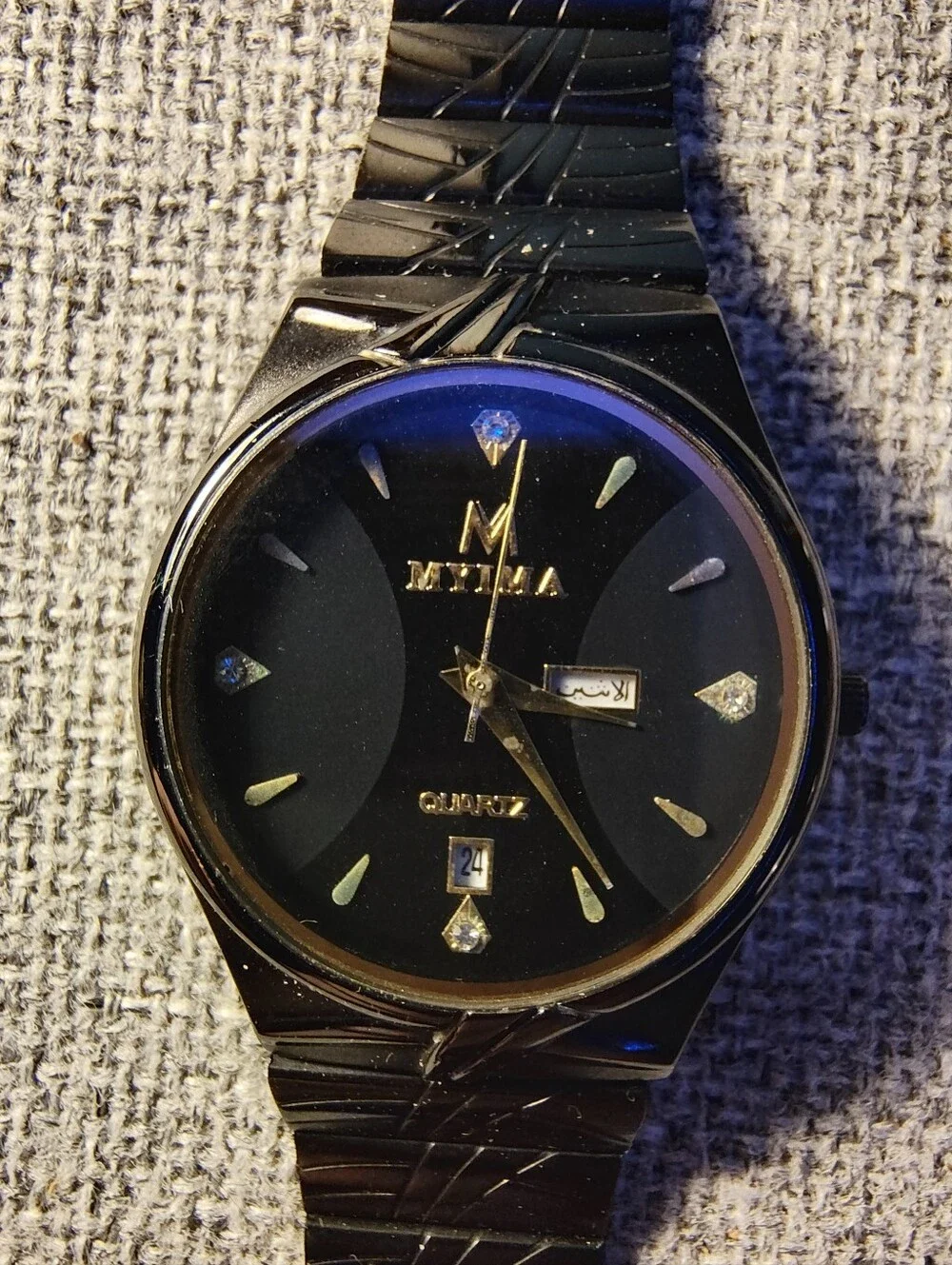 Myima Quartz Watch Black Dial Gold Markers Stainless Steel (Needs Battery)